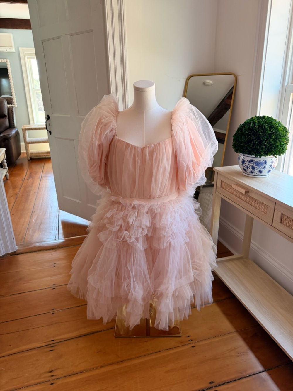 Ivy City Co Blush Pink Tulle Puff-Sleeve Party Dress